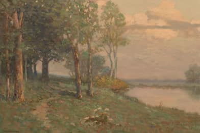 Arthur Hoeber - Wooded Path by Pond Painting For Sale