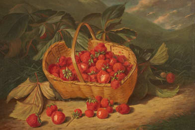 Frederick Stone Batcheller Painting for Sale - Basket of Strawberries in Landscape