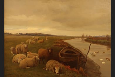 William Sidney Cooper - Sheep by a Boat and Stream with Ducks