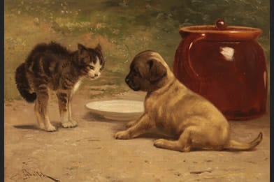 John Henry Dolph 19th Century Painting - Dog, Cat Standoff