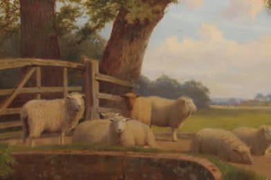 William Sidney Cooper - Sheep on a Bridge Painting For Sale
