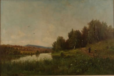 Joseph Ryan Woodwell – Ladies on a Path by a Pond Painting for Sale