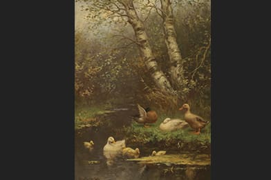 Constant David Ludovic Artz 19th Century Painting for Sale - Duck Family by Birch Tree