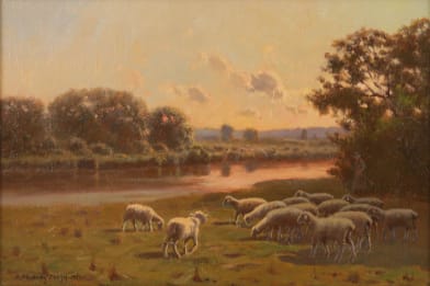 Hiram Peabody Flagg 19th Century Artwork for Sale - Sheep at Sunset