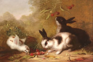 Mary Russell Smith's Rabbits, Chick, and Berries Painting