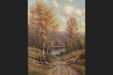George W. Drew Cabin on a Lake Victorian Painting