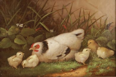 J.D. Sorver Jr. Victorian Hen and Chicks Painting