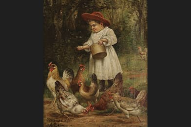 August Laux - Feeding the Chickens Victorian Masterpiece