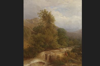 William Spreat's Fisherman at Waterfall Painting