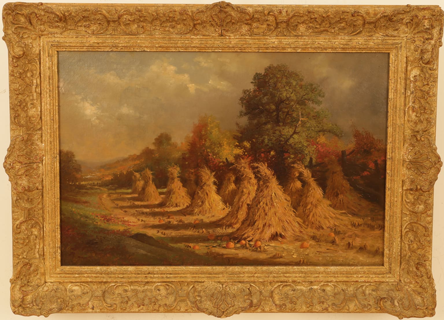 Frederick Stone Batcheller Painting for Sale - Haystacks with Pumpkins