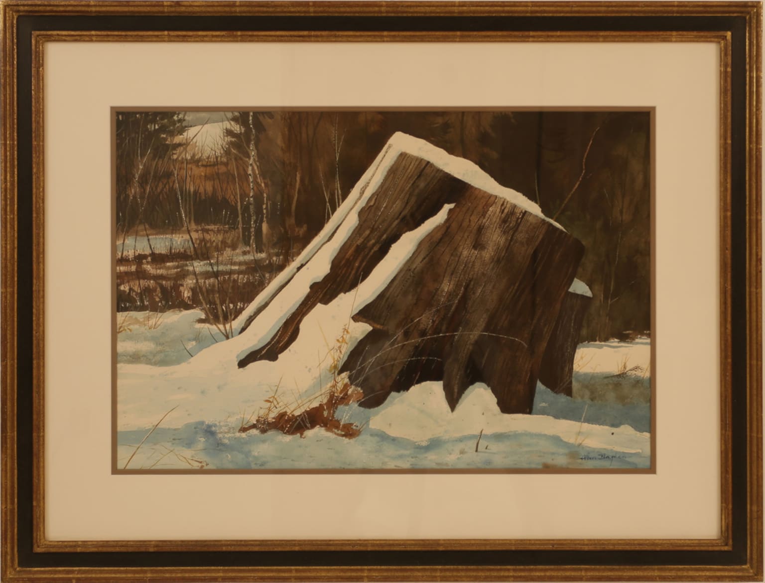 Allen Blagden - Stump in Snow Painting For Sale