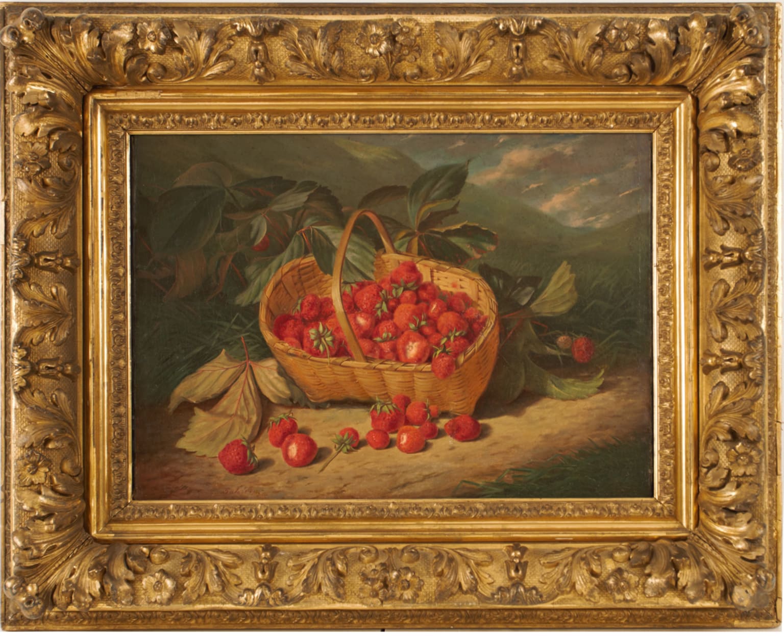 Frederick Stone Batcheller Painting for Sale - Basket of Strawberries in Landscape