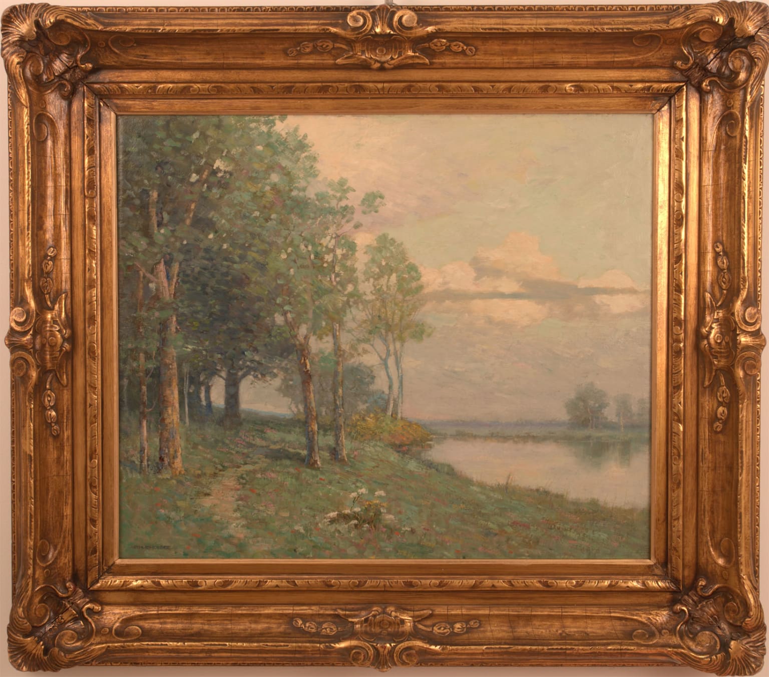 Arthur Hoeber - Wooded Path by Pond Painting For Sale