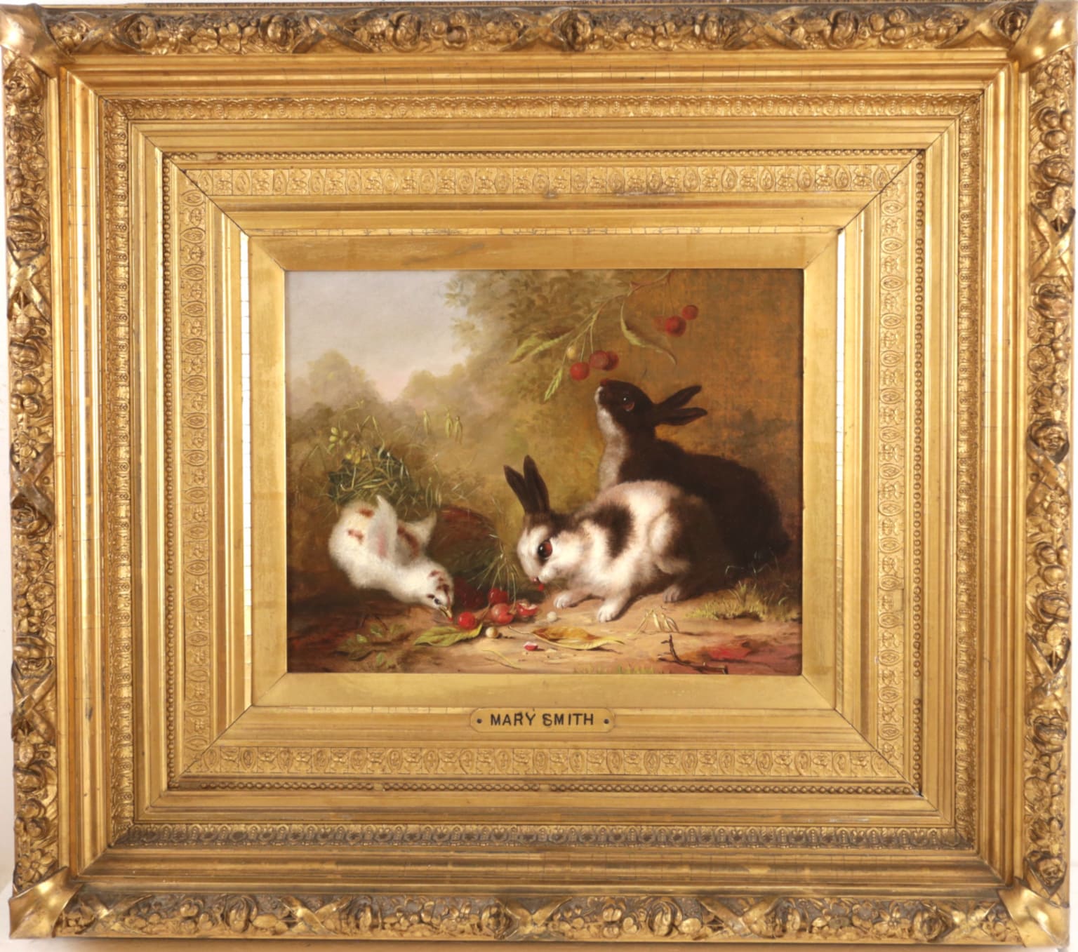Mary Russell Smith's Rabbits, Chick, and Berries Painting