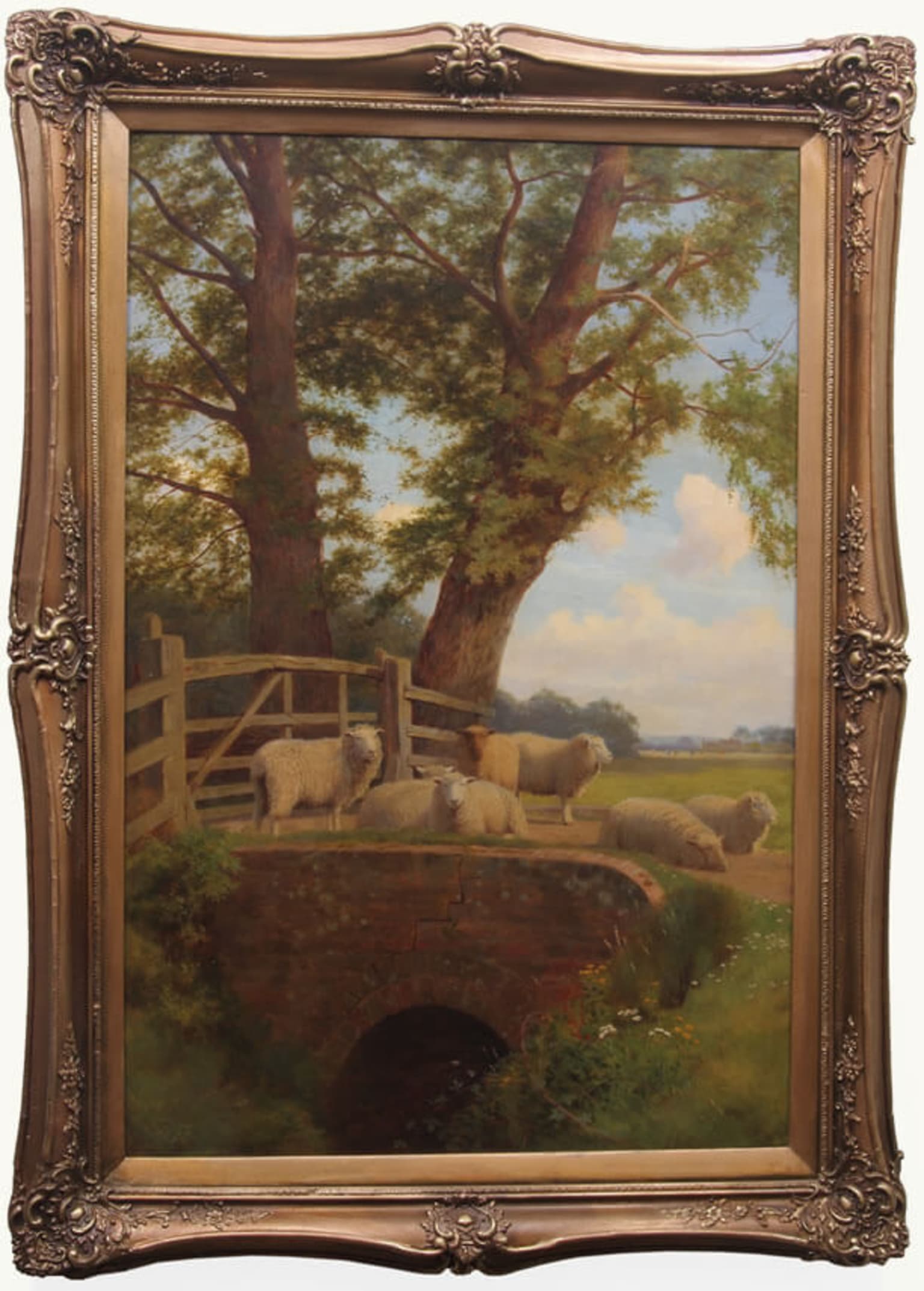 William Sidney Cooper - Sheep on a Bridge Painting For Sale