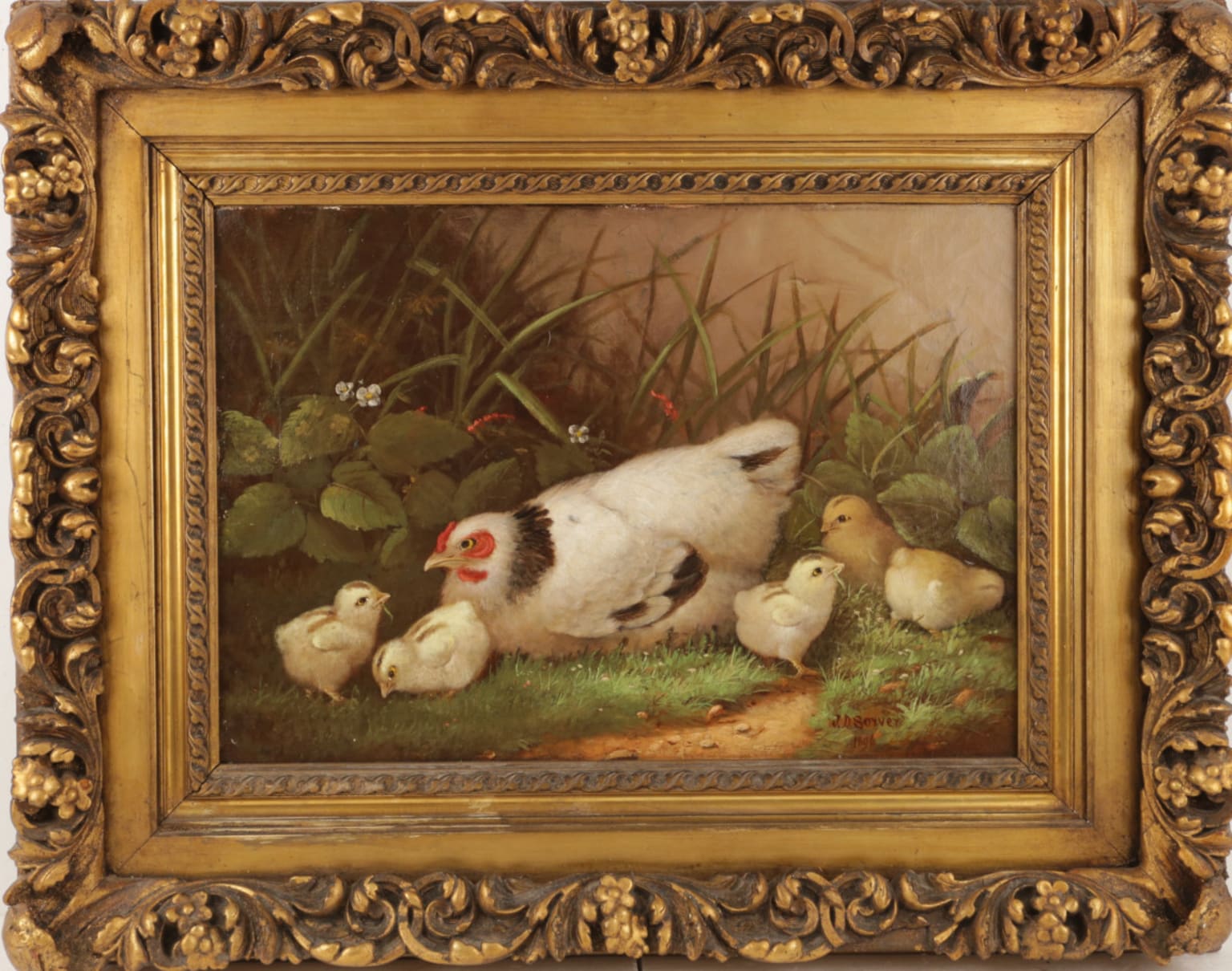 J.D. Sorver Jr. Victorian Hen and Chicks Painting