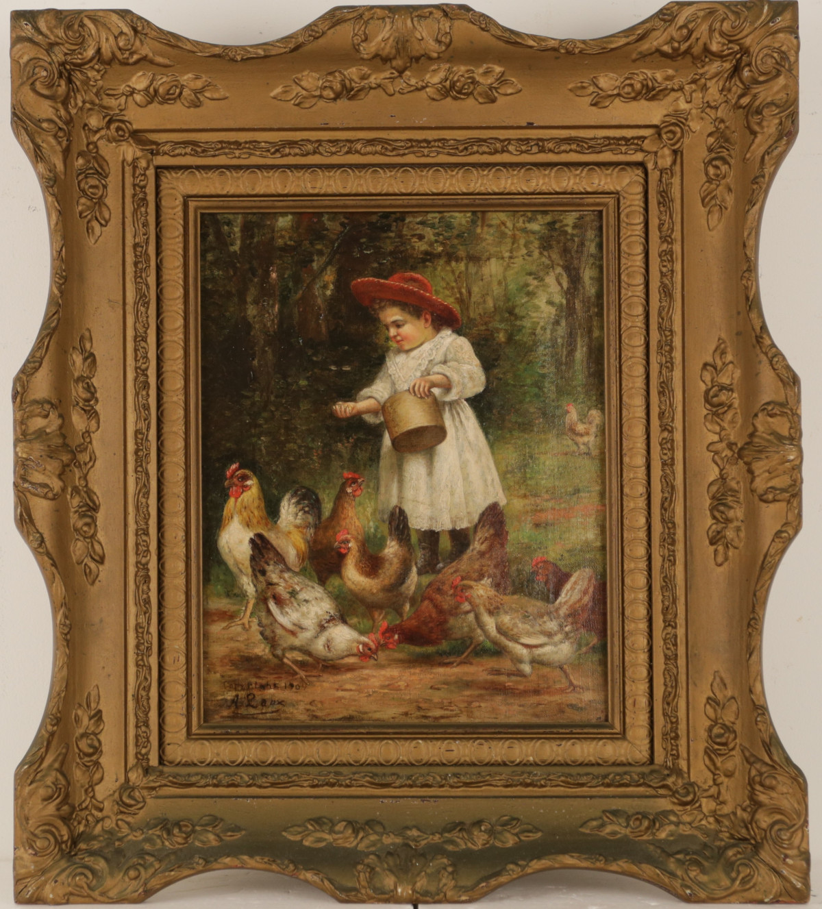 August Laux - Feeding the Chickens Victorian Masterpiece